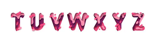 Vector illustration of Paper cut letter T, U, V, W, X, Y, Z. Design 3d sign isolated on white background. Alphabet font of melting liquid.