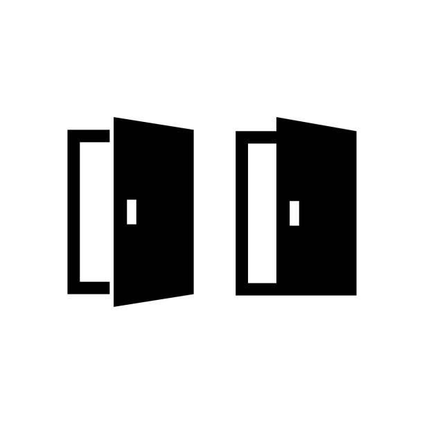 ilustrações de stock, clip art, desenhos animados e ícones de door, exit or entrance, black isolated vector icon. - open front door