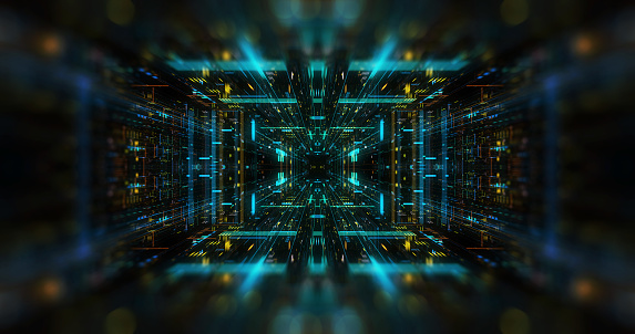 Quantum computer environment with digital technology, processing unit of an advanced Artificial intelligence. Flight through flow of digital information tunnel / cloud computing. 3D render