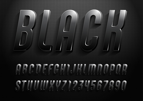 3d font from dark gradient, trendy gloomy alphabet sans serif, modern condensed italic letters and numbers for your calendar, flyer, poster, banner, vector illustration 10eps.