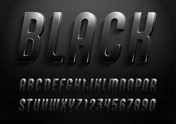 Vector illustration of 3d font from dark gradient, trendy gloomy alphabet sans serif, modern condensed italic letters and numbers for your calendar, flyer, poster, banner, vector illustration 10eps.