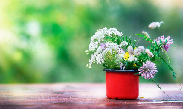 Wildflowers in a Metallic Cup on Old Table against Green Background