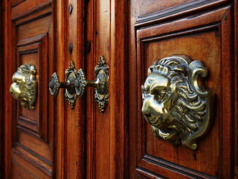 Brass door knobs on a solid wooden front door.