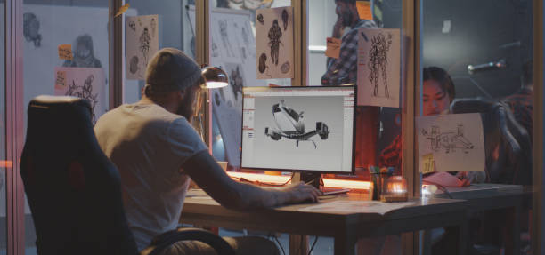 man modeling an airplane on computer - wide screen imagens e fotografias de stock