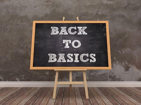 Easel with BACK TO BASICS Phrase on Chalkboard Frame in Room - 3D Rendering