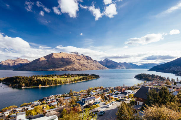 View over Queenstown and Cecil Peak in New Zealand stock photo