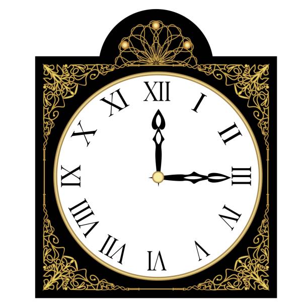 ilustrações, clipart, desenhos animados e ícones de relógio antigo preto ricamente decorado, relógio com números romanos, objeto art déco isolado com padrões de filigrana dourada, padrões, tempo de medição - clock face clock countdown time