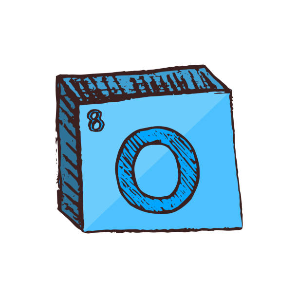 ilustraciones, imágenes clip art, dibujos animados e iconos de stock de vector tridimensional dibujado a mano dibujado símbolo azul químico de oxígeno con una abreviatura o de la tabla periódica de los elementos aislados sobre un fondo blanco. - tabla periódica de elemento de oxígeno