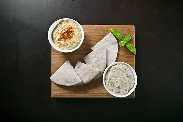 Hummus, Pita, and Baba Ganoush stock photo