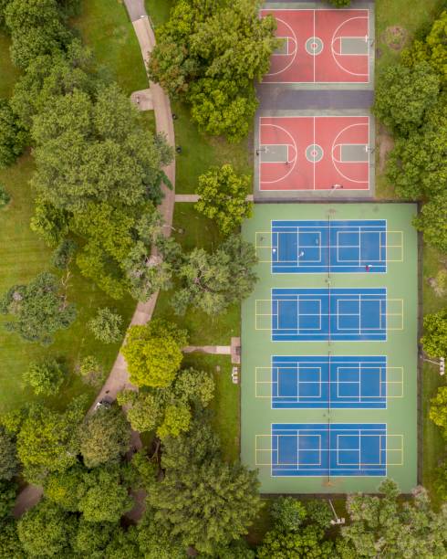istock look down on Basket ball and tennis courts 1183230117
