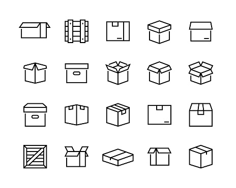 Collection of linear simple web icons such as cardboard boxes for parcels, wooden boxes, frames for sending. Editable vector stroke. 96x96 Pixel Perfect.