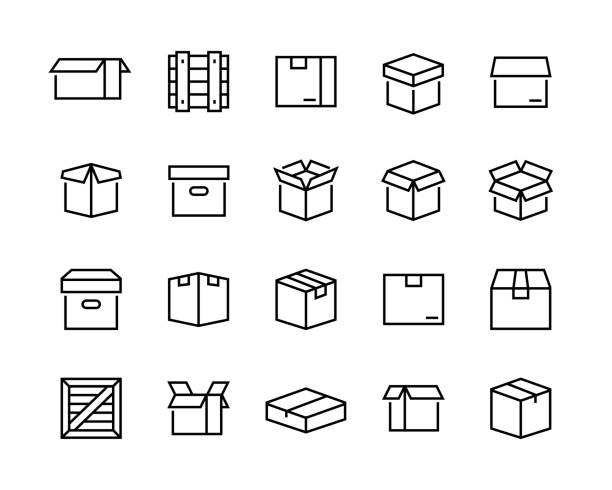 Box icons set. Editable vector stroke. 96x96 Pixel Perfect Collection of linear simple web icons such as cardboard boxes for parcels, wooden boxes, frames for sending. Editable vector stroke. 96x96 Pixel Perfect. carton stock illustrations