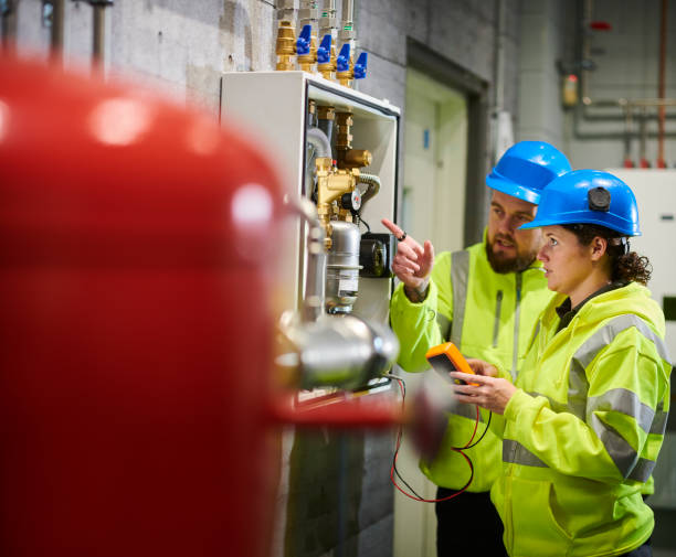 inżynierowie elektrycy w kotłowni - boiler air conditioner water pipe water pump zdjęcia i obrazy z banku zdjęć