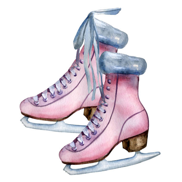 ilustraciones, imágenes clip art, dibujos animados e iconos de stock de acuarela pintada a mano rosa vintage patines de hielo con ribete de piel. - fur trim