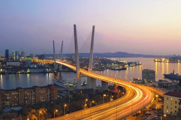 istock Night Vladivostok panorama. Golden bridge. 1183238325
