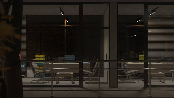 Side View of Illuminated Offices After Dark