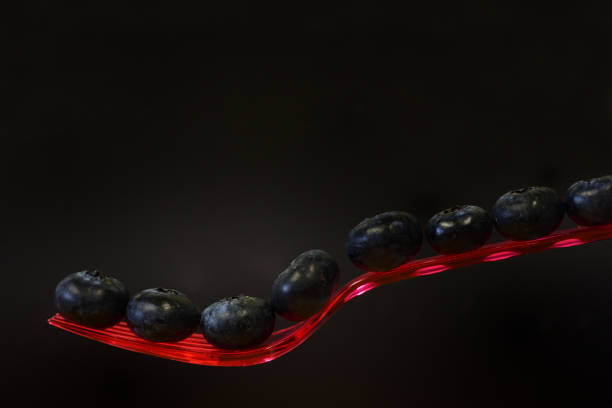 fresh blueberries on a red plastic fork against a dark background for eating