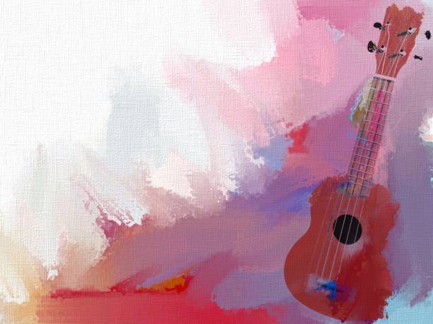 illustrazioni stock, clip art, cartoni animati e icone di tendenza di illustrazione musicale artistica - ukulele su una tela dipinta con vernici. - paintbrush wallpaper brush paper creativity