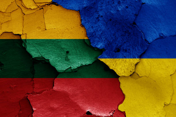 flags of Lithuania and Ukraine painted on cracked wall flags of Lithuania and Ukraine painted on cracked wall lithuania stock pictures, royalty-free photos & images