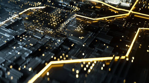istock 3d rendering of circuit board with yellow lines 1183247649