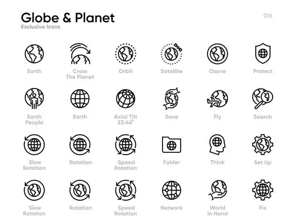 Vector illustration of Globe and Planet vector icons set. Earth pictogram.