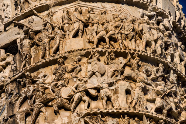 Ancient Marcus Aurelius  Column Roman Soldiers Details Rome Italy Ancient Emperor Marcus Aurelius Column Roman Soldiers Details Rome Italy.  Column erected in 193 AD to commemorate Emperor's victory in military campaigns. roman centurion stock pictures, royalty-free photos & images
