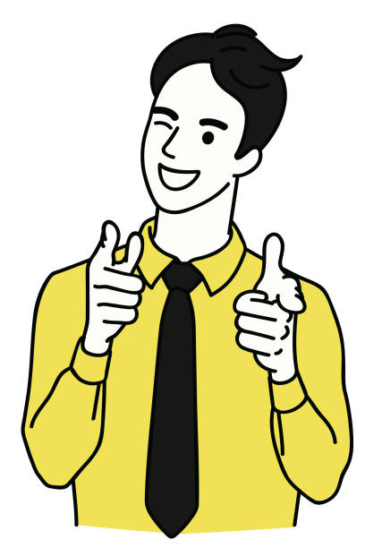 Happy man winking and pointing at you Young happy businessman, smiling and laughing, eye winking and two hands pointing at you. Linear, thin line art, hand drawn sketch design, simple style. young man wink stock illustrations