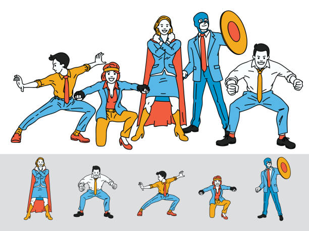 Super hero business teamwork Vector illustration full length character of cheerful business people, teamwork, wearing and pose as superhero, funny and happy. Separated layer, easy to use. Linear, thin line art style. superhero drawings stock illustrations