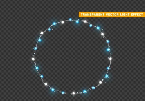 ilustrações de stock, clip art, desenhos animados e ícones de christmas lights isolated realistic design elements. glowing lights for xmas holiday greeting card design. garlands, christmas decorations. - christmas lights wreath christmas blue