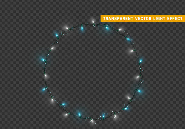 ilustrações de stock, clip art, desenhos animados e ícones de christmas lights isolated realistic design elements. glowing lights for xmas holiday greeting card design. garlands, christmas decorations. - christmas lights wreath christmas blue