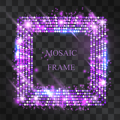 Mosaic vector disco purple neon light effect square frame with hazy flares. Magical glowing glass tile of shining stardust sparkles. Energy flares in motion. Luxurious halftone design.