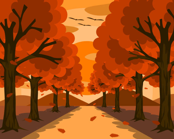 자연으로 둘러싸인 작고 아름다운 길. 양쪽에는 나뭇잎이 떨어지는 주황색 잎이있는 나무가 있습니다. 앞에는 일몰에 산과 주황색 하늘이 있었습니다. - autumn backgrounds dawn dusk stock illustrations