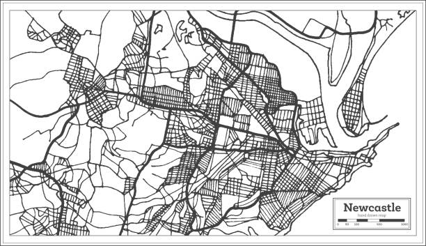 siyah beyaz renkli newcastle avustralya şehir haritası. anahat haritası. - newcastle stock illustrations