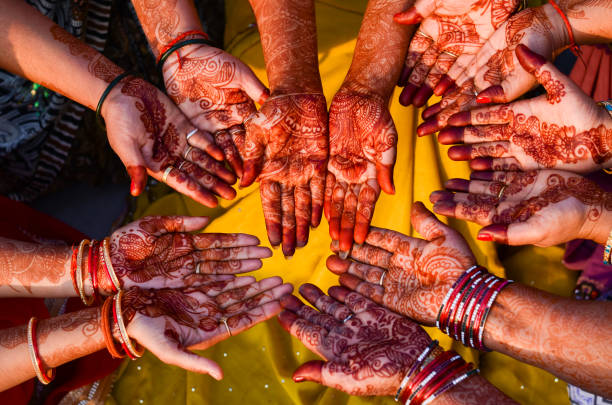 istock Henna - Mehndi hands with mehandi design 1183280455