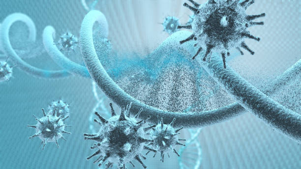 cellule del virus 3d che attaccano un filamento di dna - influenza a virus foto e immagini stock