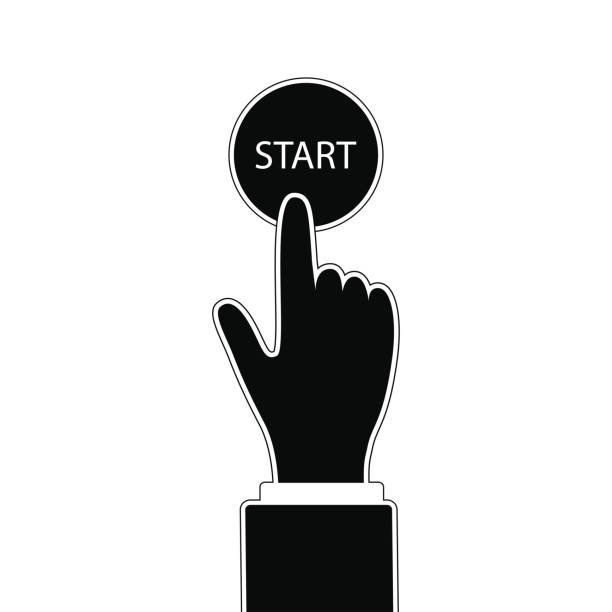 illustrazioni stock, clip art, cartoni animati e icone di tendenza di pulsante di pressione della mano start su sfondo bianco. - touching human finger choice push button