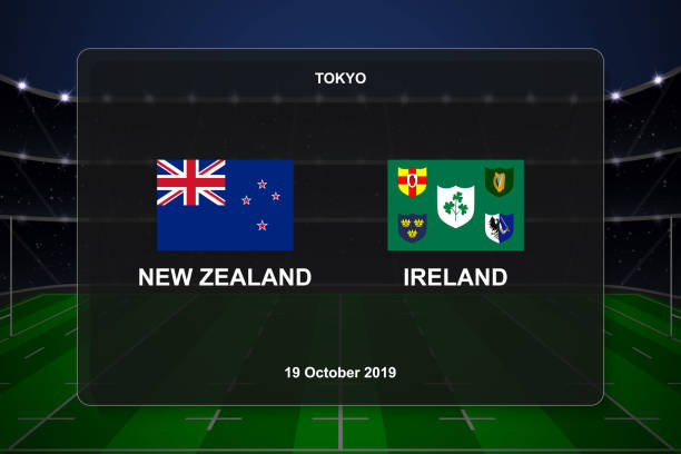 team sports New Zealand vs Ireland, Rugby cup scoreboard broadcast graphic template lineup stock illustrations