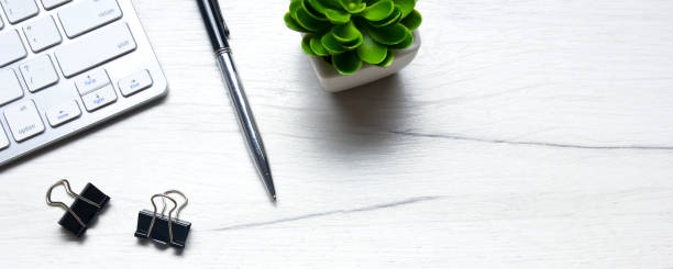 istock Office desk table with supplies. Flat lay Business workplace and objects. Top view. Copy space for text 1183287722