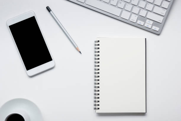 istock Office desk table with supplies. Flat lay Business workplace and objects. Top view. Copy space for text 1183288347