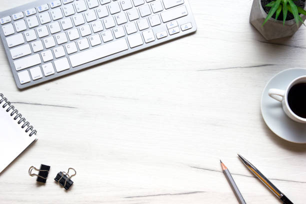 istock Office desk table with supplies. Flat lay Business workplace and objects. Top view. Copy space for text 1183288517