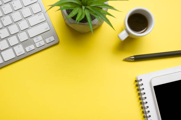 istock Office desk table with supplies. Flat lay Business workplace and objects. Top view. Copy space for text 1183288650