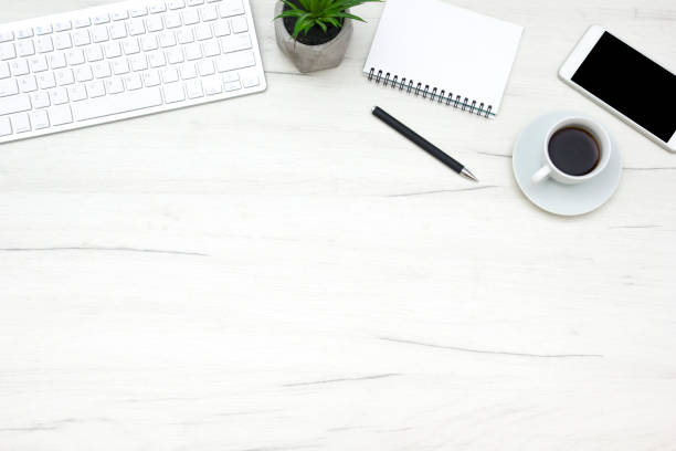 istock Office desk table with supplies. Flat lay Business workplace and objects. Top view. Copy space for text 1183288653