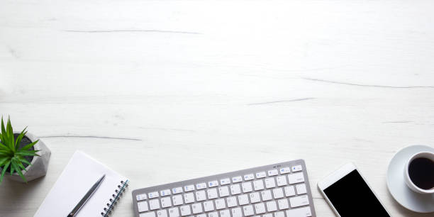 istock Office desk table with supplies. Flat lay Business workplace and objects. Top view. Copy space for text 1183288671