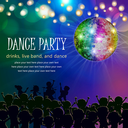 Dance party poster including live band, dancing people and disco ball.