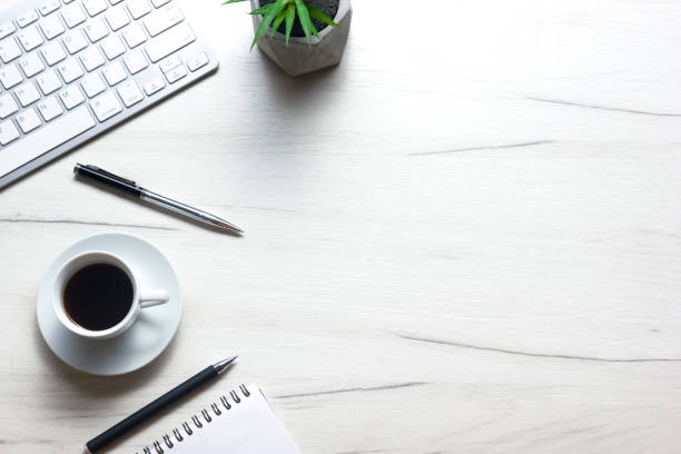 istock Office desk table with supplies. Flat lay Business workplace and objects. Top view. Copy space for text 1183288694