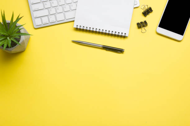 istock Office desk table with supplies. Flat lay Business workplace and objects. Top view. Copy space for text 1183289814