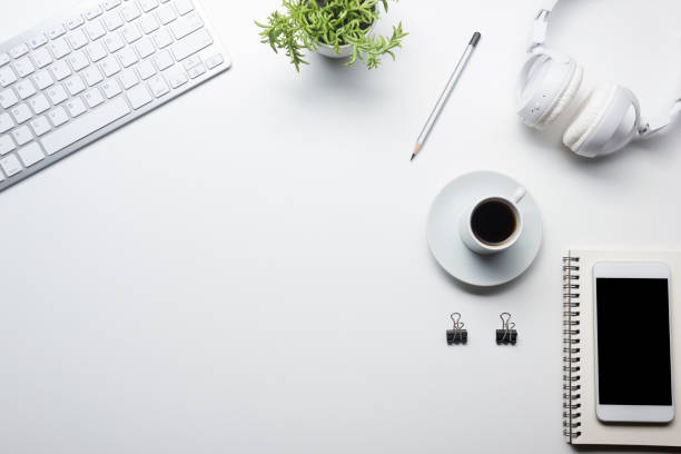istock Office desk table with supplies. Flat lay Business workplace and objects. Top view. Copy space for text 1183289899