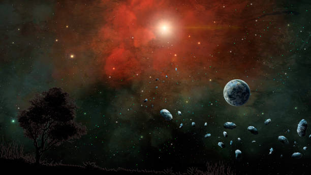 istock Space scene. Red and green nebula with planet, land and asteroid. 1183291347