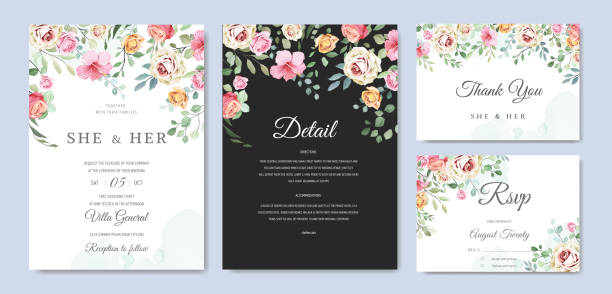 ilustrações de stock, clip art, desenhos animados e ícones de beautiful wedding invitation card with floral and leaves template - invitation love shape botany