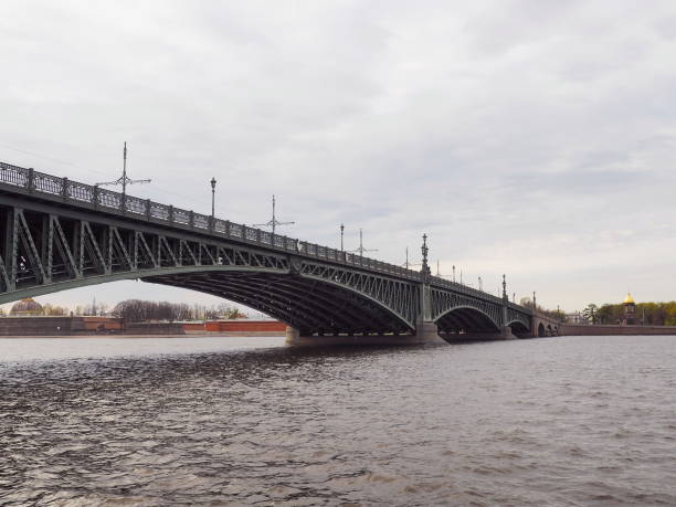 Troitskiy Bridge, view from Neva river, Saint-Petersburg. stock photo